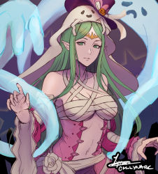 Rule 34 | 1girl, artist name, bandages, bare shoulders, breasts, chest sarashi, cm lynarc, fire emblem, fire emblem awakening, fire emblem heroes, ghost, green eyes, green hair, halloween costume, long hair, looking at viewer, naga (fire emblem), navel, nintendo, official alternate costume, parted bangs, pointy ears, sarashi, signature, solo, tiara