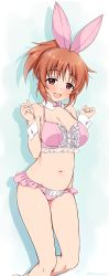 Rule 34 | 10s, 1girl, :d, abe nana, absurdres, asami asami, blush, bow, bowtie, bra, breasts, brown eyes, brown hair, cameltoe, cleavage, cowboy shot, detached collar, fingernails, forearms at chest, frilled bra, frilled panties, frills, groin, highres, idolmaster, idolmaster cinderella girls, large breasts, legs, lingerie, looking at viewer, navel, open mouth, orange hair, panties, pink bow, pink bowtie, pink bra, pink panties, ponytail, ribbon, shadow, shiny skin, short hair, smile, solo, stomach, thighs, underwear, underwear only, wrist cuffs
