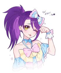 Rule 34 | 1girl, ;p, bare shoulders, blue choker, bow, choker, chuu0105, commentary request, earrings, hair bow, hand up, jewelry, korean commentary, long hair, looking at viewer, one eye closed, pink bow, pretty series, pripara, purple hair, side ponytail, simple background, smile, solo, tehepero, tongue, tongue out, toudou shion, translation request, upper body, white background, wrist cuffs, yellow eyes