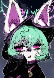 Rule 34 | animal ears, character request, curly hair, ears through headwear, green hair, hair between eyes, hand up, highres, hood, hood up, jitome, league of legends, looking at viewer, medium hair, pale skin, parted lips, pink eyes, solo, ssambatea, upper body, vex (league of legends)