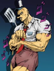 Rule 34 | 1boy, araki hirohiko (style), bald, blue eyes, buck teeth, bulge, colored skin, commentary, english commentary, freckles, hat, highres, humanization, jin grey paladin, jojo no kimyou na bouken, jojo pose, long nose, male focus, manly, muscular, name tag, necktie, parody, pointing, pointing at viewer, shirt, short sleeves, shorts, solo, spatula, spongebob squarepants, spongebob squarepants (series), style parody, teeth, thick thighs, thighs, white shirt, yellow skin