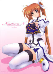 Rule 34 | 00s, breast hold, breasts, brown hair, covering privates, highres, kamogawa tanuki, long hair, lyrical nanoha, mahou shoujo lyrical nanoha, mahou shoujo lyrical nanoha strikers, open mouth, purple eyes, solo, takamachi nanoha, takamachi nanoha (aggressor mode), thighhighs, twintails, very long hair, white thighhighs