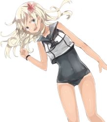 Rule 34 | 10s, 1girl, blonde hair, blue eyes, chibirisu, flower, hair flower, hair ornament, hat, kantai collection, long hair, ro-500 (kancolle), school swimsuit, swimsuit, swimsuit under clothes, tan, tanline, transformation