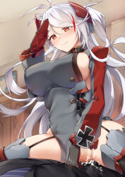 Rule 34 | 1boy, 1girl, antenna hair, azur lane, black gloves, black panties, blush, breasts, brown eyes, censored, closed mouth, clothing aside, commission, cross, cum, cum in pussy, dress, eyes visible through hair, from below, garter straps, girl on top, gloves, grey dress, grey thighhighs, hair between eyes, headgear, hetero, highres, iron cross, large breasts, long hair, long sleeves, looking down, mosaic censoring, multicolored hair, panties, panties aside, penis, prinz eugen (azur lane), pussy, red hair, salute, sex, sideboob, skeb commission, smile, solo focus, spread legs, standing at attention, straddling, streaked hair, sweat, swept bangs, thighhighs, tsuki tokage, two side up, underwear, vaginal, very long hair, white hair