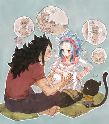 Rule 34 | 1girl, 2boys, animal, barefoot, black hair, blue hair, cat, couple, earrings, closed eyes, fairy tail, gajeel redfox, headband, heart, highres, jewelry, levy mcgarden, long hair, multiple boys, open mouth, pantherlily, pantyhose, pillow, pregnant, rusky, shirt, short sleeves, simple background, sitting, smile, t-shirt, tail, teeth, zzz