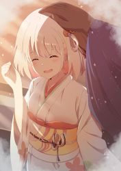 Rule 34 | 1boy, 1girl, absurdres, blonde hair, blush, breasts, closed eyes, collarbone, commentary request, facing viewer, floral print, furisode, hair between eyes, hair ornament, hair ribbon, hand up, happy, headpat, highres, japanese clothes, kaai yuu, kimono, long sleeves, lycoris recoil, medium breasts, mika (lycoris recoil), nishikigi chisato, obi, open mouth, print kimono, ribbon, sash, short hair, smile, solo focus, standing, upper body, white kimono, wide sleeves