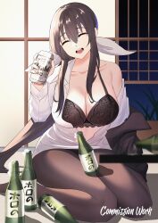 Rule 34 | 1girl, absurdres, artist name, beer bottle, beer can, black bra, bra, breasts, brown hair, can, drink can, drunk, hair ribbon, hanebado!, hanesaki uchika, highres, large breasts, long hair, omenion, open clothes, pantyhose, ribbon, shirt, smile, solo, underwear, white shirt