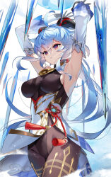 Rule 34 | 1girl, ahoge, armpits, arms up, bare shoulders, bell, black gloves, black leotard, blue hair, blush, bodystocking, bodysuit, breasts, brown pantyhose, clothes lift, commentary, cowbell, detached sleeves, ganyu (genshin impact), genshin impact, gloves, goat horns, gold trim, groin, horns, leotard, leotard under clothes, long hair, medium breasts, neck bell, orb, pantyhose, pelvic curtain, pelvic curtain lift, purple eyes, scottie (phantom2), sideboob, sidelocks, solo, tassel, thighlet, thighs, vision (genshin impact), waist cape, white sleeves, wind, wind lift