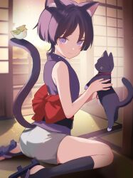 Rule 34 | 2boys, animal ears, blush, cat ears, cat tail, closed mouth, collar, dual persona, genshin impact, grey shorts, highres, looking at viewer, male focus, multiple boys, purple hair, purple shirt, red collar, rrr gns (riuriu 1212), sandals, scaramouche (cat) (genshin impact), scaramouche (genshin impact), shirt, shorts, sleeveless, sleeveless shirt, smile, tail