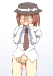 Rule 34 | 1girl, between thighs, blush, bottomless, brown eyes, brown hair, covering face, embarrassed, gradient background, hat, hat ribbon, long sleeves, lotus root, necktie, ribbon, sexually suggestive, solo, tori (minamopa), touhou, usami renko, wavy mouth