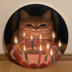 Rule 34 | animal, animal focus, birthday, birthday cake, cake, candle, cat, closed mouth, commentary, english commentary, food, highres, karin hosono, no humans, original, painting (medium), photo (medium), realistic, solo, traditional media