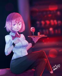Rule 34 | alcohol, barista, bartender, bow, bowtie, cup, drinking glass, food, formal, plate, purple eyes, purple hair, server, suit, waitress, wine, wine glass
