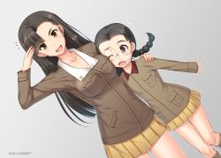 Rule 34 | 10s, 2016, 2girls, arm around shoulder, asymmetrical bangs, black hair, boots, braid, breast press, breasts, brown eyes, brown footwear, brown hair, brown jacket, chi-hatan military uniform, cleavage, dated, dutch angle, flat chest, fukuda haru, girls und panzer, glasses, grey background, jacket, large breasts, long hair, long sleeves, looking at viewer, medium breasts, military, military uniform, miniskirt, miyai sen, multiple girls, nishi kinuyo, one eye closed, open mouth, pleated skirt, round eyewear, salute, skirt, smile, standing, twin braids, twintails, uniform, yellow skirt