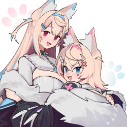 2girls animal_ear_fluff animal_ears arm_belt bandaid bandaid_hair_ornament belt black_collar black_jacket blonde_hair blue_eyes blue_hair blue_hairband breasts cleavage_cutout clothing_cutout collar crossed_bangs cutout_above_navel dismassd dog_ears dog_girl dog_tail double-parted_bangs dress fake_horns fang frilled_shirt_collar frills fur-trimmed_jacket fur_trim fuwawa_abyssgard fuwawa_abyssgard_(1st_costume) hair_between_eyes hair_intakes hair_ornament hairband hairclip headphones headphones_around_neck highres hololive hololive_english horns hug jacket large_breasts light_blush long_hair long_sleeves looking_at_viewer mococo_abyssgard mococo_abyssgard_(1st_costume) multicolored_hair multiple_girls open_clothes open_jacket open_mouth paw_print pink_eyes pink_hair pink_hairband puffy_long_sleeves puffy_sleeves shirt short_hair siblings simple_background sisters skin_fang spiked_collar spikes streaked_hair tail twins two_side_up virtual_youtuber white_background white_belt white_dress white_shirt x_hair_ornament