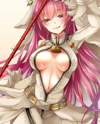 Rule 34 | 10s, 1girl, :p, bodysuit, breasts, cosplay, fate/extra, fate/extra ccc, fate/grand order, fate (series), gae bolg (fate), hatori mia, highres, large breasts, lock, long hair, nero claudius (bride) (fate), nero claudius (fate), nero claudius (fate) (all), padlock, polearm, purple hair, red eyes, saber bride (cosplay), scathach (fate), solo, spear, tongue, tongue out, veil, weapon, zipper