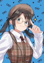 Rule 34 | 1girl, :3, absurdres, beret, black hair, blue background, blue eyes, blush, closed mouth, glasses, hanetsuka, hat, highres, idolmaster, idolmaster shiny colors, long hair, long sleeves, looking at viewer, mitsumine yuika, necktie, patterned background, shirt, solo, sparkle, twintails, upper body, white shirt