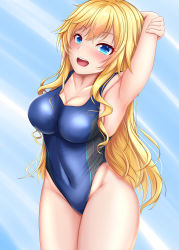 Rule 34 | 1girl, absurdres, arm behind head, blonde hair, blue eyes, blue one-piece swimsuit, breasts, cleavage, commentary request, competition swimsuit, covered navel, cowboy shot, hachi7515, highleg, highleg swimsuit, highres, idolmaster, idolmaster cinderella girls, long hair, medium breasts, ohtsuki yui, one-piece swimsuit, open mouth, solo, swimsuit, teeth, upper teeth only