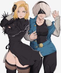 Rule 34 | 2girls, android, android 18, android 18 (cosplay), black blindfold, black hairband, blindfold, blonde hair, boots, cosplay, costume switch, denim, denim jacket, denim skirt, dragon ball, dragonball z, dressing, feather-trimmed sleeves, feather trim, grey hair, hairband, highres, jacket, juliet sleeves, long sleeves, looking at another, mole, mole under mouth, multiple girls, nier (series), nier:automata, puffy sleeves, short hair, skirt, smile, square enix, striped sleeves, thigh boots, thighhighs, thighhighs under boots, trait connection, yoracrab, 2b (nier:automata), 2b (nier:automata) (cosplay)