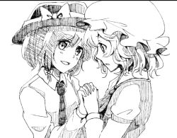 Rule 34 | 2girls, bow, dress, greyscale, hair bow, holding hands, hat, interlocked fingers, kokonoha mikage, looking at another, maribel hearn, monochrome, multiple girls, necktie, open mouth, ribbon, short hair, sketch, smile, touhou, usami renko