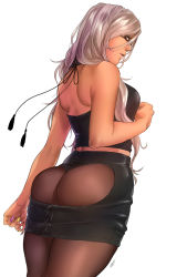 Rule 34 | 1girl, arm at side, ass, ass cutout, back, bare shoulders, black skirt, breasts, brown eyes, brown pantyhose, clothing cutout, cowboy shot, crop top, cross-laced clothes, dark-skinned female, dark skin, eyelashes, fingernails, from behind, from below, glasses, highres, large breasts, lips, long fingernails, long hair, looking at viewer, miniskirt, multicolored nails, nail polish, non (nonsummerjack), non (nonzile), nonsummerjack, original, pantyhose, parted lips, pencil skirt, pink nails, profile, red nails, rimless eyewear, sharp fingernails, signature, silver hair, skirt, sleeveless, solo, spanking skirt, tassel, thong, white background, yellow nails