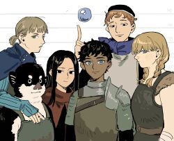 Rule 34 | 2girls, 4boys, alternate species, arm on another&#039;s shoulder, armor, arms at sides, blue cloak, blue eyes, braid, brown hair, bubble, capelet, chainmail, cloak, closed mouth, dark-skinned male, dark skin, dia (dungeon meshi), dungeon meshi, furry, furry male, green eyes, hair over shoulder, hand up, hat, height, height chart, height difference, highres, holm kranom, hydrokinesis, index finger raised, kabru, kuro (dungeon meshi), leather armor, light brown hair, long hair, long sleeves, looking at viewer, mickbell tomas, multiple boys, multiple girls, n 5zz, parted bangs, pauldrons, pelt, ponytail, profile, purple scarf, red capelet, red hair, rin (dungeon meshi), scarf, short hair, shoulder armor, single pauldron, sleeveless, smile, twin braids, twintails, upper body, water, white background