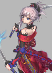 Rule 34 | 1girl, asymmetrical hair, black sleeves, black thighhighs, blue eyes, closed mouth, detached sleeves, dual wielding, earrings, fate/grand order, fate (series), grey background, hair between eyes, hair ornament, holding, holding sword, holding weapon, jewelry, long hair, long sleeves, looking back, miyamoto musashi (fate), miyamoto musashi (third ascension) (fate), purutoppu (toranohige), sheath, shoulder blades, silver hair, simple background, smile, solo, standing, swept bangs, sword, thighhighs, weapon