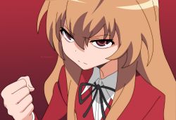 Rule 34 | 00s, 1girl, aisaka taiga, angry, blazer, brown hair, clenched hand, cloudsend, highres, jacket, red background, red eyes, shaded face, sidelocks, simple background, solo, toradora!, upper body, vector trace