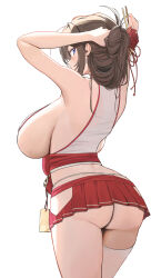 Rule 34 | 1girl, absurdres, armpits, arms behind head, arms up, ass, back, bare arms, bare shoulders, blue eyes, breasts, brown hair, commission, cowboy shot, crop top, flower, from behind, hair flower, hair ornament, hairpin, highres, hip vent, japanese clothes, large breasts, long hair, looking at viewer, looking back, microskirt, midriff, miko, no bra, omamori, original, pleated skirt, red skirt, shirt, sideboob, simple background, single thighhigh, skindentation, skirt, sleeveless, sleeveless shirt, solo, thighhighs, thighs, twin (tt lsh), tying hair, white background, white shirt, white thighhighs