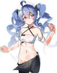 Rule 34 | 1girl, absurdres, ahoge, bare shoulders, black shorts, blue hair, breasts, cowboy shot, crop top, detached sleeves, double helix, girls&#039; frontline, girls&#039; frontline neural cloud, hair between eyes, halterneck, helix (neural cloud), highres, long hair, navel, red eyes, see-through, see-through sleeves, shorts, simple background, small breasts, solo, stomach, twintails, white background, y kimisaki