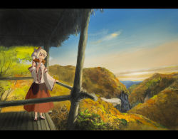 Rule 34 | 1girl, absurdres, animal ears, bad id, bad nicoseiga id, bare shoulders, blue sky, cloud, colored pencil (medium), detached sleeves, female focus, hat, hat ribbon, highres, inubashiri momiji, letterboxed, mountain, nature, red eyes, ribbon, scarf, scenery, shirt, short hair, silver hair, skirt, sky, solo, touhou, tower, traditional media, tree, valley, wolf ears, you (shimizu)