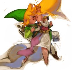 Rule 34 | 1boy, 1girl, blonde hair, boots, chibi, commentary request, dress, elbow gloves, forehead-to-forehead, gloves, holding hands, hat, heads together, highres, korean commentary, link, long dress, nintendo, pants, pelvic curtain, pointy ears, princess zelda, signature, sword, the legend of zelda, the legend of zelda: the wind waker, thick eyebrows, toon link, tto ja, tunic, weapon, weapon on back, white gloves, white pants