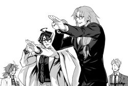 Rule 34 | 4boys, :d, achilles (fate), achilles (my student council) (fate), ahoge, chiron (fate), clenched hand, coat, coat on shoulders, collared shirt, faceless, faceless male, fate/grand order, fate (series), fighting stance, formal, glasses, greyscale, hair between eyes, hair over one eye, hair over shoulder, hair ribbon, jacket, long hair, looking at another, low-tied long hair, male focus, mayuhiko3310, monochrome, multicolored hair, multiple boys, necktie, open clothes, open jacket, open mouth, outstretched arm, parted bangs, parted lips, ribbon, shirt, short hair, simple background, smile, spiked hair, streaked hair, suit, suit jacket, takasugi shinsaku (fate), teacher and student, upper body, white background, yoshida shouin (fate)