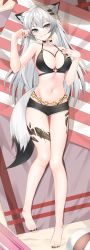 Rule 34 | 1girl, :d, absurdres, ahoge, animal ear fluff, animal ears, arknights, ball, bare arms, bare legs, bare shoulders, barefoot, beach towel, beachball, bikini, black choker, black nails, black shorts, box, breasts, choker, cleavage, commentary request, commission, cutoffs, dakimakura (medium), day, from above, full body, green eyes, grin, hair ornament, hairclip, head tilt, highres, lappland (arknights), large breasts, long hair, looking at viewer, lying, material growth, nail polish, navel, neko lu (wofud453), o-ring, o-ring bikini, on back, open mouth, oripathy lesion (arknights), outdoors, parted lips, scar, scar across eye, scar on face, short shorts, shorts, silver hair, smile, solo, starfish, stomach, swimsuit, tail, teeth, toenail polish, toenails, towel, very long hair, wolf ears, wolf girl, wolf tail
