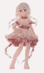 Rule 34 | 1girl, bad id, bad twitter id, barefoot, blush, braid, closed mouth, contrapposto, copyright request, dress, hand on own hip, highres, long hair, looking at viewer, pink dress, red eyes, short dress, simple background, solo, tsukiori, twin braids, white background, white hair