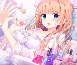 Rule 34 | 1girl, :d, absurdres, blue eyes, blush, breasts, brown hair, cleavage, collarbone, couch, dress, highres, holding, indoors, kimishima ao, long hair, long sleeves, looking at viewer, medium breasts, nail polish, on couch, open mouth, original, picture frame, pink nails, ribbon, saijo melia, sitting, smile, solo, sparkle, table, wall lamp, white dress, white ribbon, wide sleeves