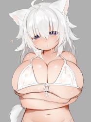 Rule 34 | 1girl, ?, ahoge, animal ear fluff, animal ears, arms under breasts, bikini, blush, breast hold, breasts, cleavage, collarbone, commentary, crossed arms, dog ears, dog tail, hair between eyes, head tilt, huge breasts, long hair, mofuaki, navel, original, purple eyes, samoyed (mofuaki), silver hair, simple background, solo, swimsuit, tail