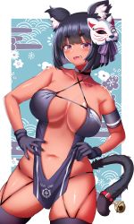 Rule 34 | 1girl, absurdres, alternate costume, animal ear fluff, animal ears, arm strap, azur lane, b-pang, bare hips, bell, black gloves, center opening, collar, cosplay, cowboy shot, criss-cross halter, dark-skinned female, dark skin, dress, fang, gloves, hair ornament, halter dress, halterneck, highres, looking at viewer, navel, neck bell, open mouth, pelvic curtain, pink eyes, race queen, revealing clothes, shoukaku (azur lane), shoukaku (azur lane) (cosplay), shoukaku (sororal wings) (azur lane), skindentation, solo, tail, tan, thick eyebrows, thighhighs, yamashiro (azur lane)