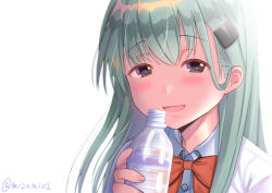 Rule 34 | 1girl, :d, bottle, bow, bowtie, commentary request, green hair, grey eyes, hair ornament, hairclip, holding, kantai collection, long hair, looking at viewer, misumi (niku-kyu), open mouth, school uniform, simple background, smile, solo, suzuya (kancolle), twitter username, white background