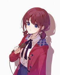 Rule 34 | 1girl, absurdres, black ribbon, blue eyes, closed mouth, coat, collared shirt, commentary, girls band cry, heitang tu, highres, holding, holding microphone, iseri nina, long sleeves, looking at viewer, microphone, neck ribbon, red coat, red hair, ribbon, shadow, shirt, short twintails, simple background, solo, symbol-only commentary, twintails, upper body, white background, white shirt