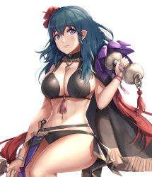 Rule 34 | 1girl, bikini, black bikini, blue eyes, blue hair, breasts, byleth (female) (fire emblem), byleth (female) (summer) (fire emblem), byleth (fire emblem), cleavage, closed mouth, dagger, fire emblem, fire emblem: three houses, fire emblem heroes, flower, gonzarez, hair flower, hair ornament, highres, holding, knife, large breasts, nintendo, official alternate costume, sheath, sheathed, simple background, solo, swimsuit, weapon, white background