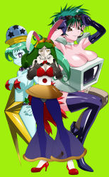 Rule 34 | 3girls, animal ears, bishoujo senshi sailor moon, blue eyes, blue skin, bracelet, breasts, bright pupils, character request, colored skin, cowboy shot, daimon (sailor moon), demon girl, fake animal ears, green hair, indoors, jewelry, large breasts, leotard, lips, long hair, looking at viewer, looking to the side, low twintails, monster girl, multiple girls, pasties, playboy bunny, pointy ears, rabbit ears, revealing clothes, shiny skin, star-shaped pupils, star (symbol), star pasties, symbol-shaped pupils, thighs, twintails, u-ikasaman, u-pasokon, uchoten (sailor moon)
