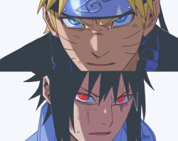 Rule 34 | 2boys, black hair, blonde hair, blue eyes, close-up, dozoong, glaring, hashtag-only commentary, headband, male focus, multiple boys, naruto (series), naruto shippuuden, red eyes, sharingan, short hair, simple background, uchiha sasuke, upper body, uzumaki naruto