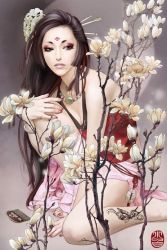 Rule 34 | 1girl, bracelet, chinese clothes, dudou, flower, hair ornament, jewelry, lips, necklace, signature, solo, zhang xiaobai