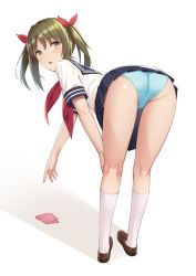 Rule 34 | 1girl, ass, bad id, bad pixiv id, bent over, blue panties, blue sailor collar, blue skirt, blush, bow, brown eyes, brown footwear, brown hair, from behind, full body, hair between eyes, hair bow, hand on own knee, hip focus, idolmaster, idolmaster cinderella girls, imai kana, kneepits, legs, loafers, looking at viewer, looking back, neckerchief, open mouth, panties, parted lips, pigeon-toed, pleated skirt, red bow, red neckerchief, sailor collar, school uniform, shadow, shirt, shoes, short sleeves, simple background, skirt, socks, solo, thighs, twintails, umihotaru harumare, underwear, white background, white shirt, white socks, yellow eyes
