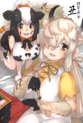 Rule 34 | 2girls, :d, all fours, animal ears, animal print, bare shoulders, black hair, black horns, blonde hair, bow, bowtie, breasts, brown eyes, chopsticks, cleavage, collar, collared shirt, commentary request, cow ears, cow girl, cow print, cow tail, dress, elbow gloves, extra ears, facepaint, food, gloves, grey horns, hair ornament, hair over one eye, hair ribbon, hair scrunchie, highres, holding, holding chopsticks, holstein friesian cattle (kemono friends), horns, kemono friends, lips, long hair, looking at another, looking at viewer, medium hair, microskirt, multicolored hair, multicolored horns, multiple girls, neck ribbon, open mouth, ox ears, ox girl, ox horns, parted bangs, ribbon, scrunchie, shirt, short sleeves, sidelocks, sitting, skirt, sleeveless, sleeveless shirt, smile, tail, thighhighs, thin (suzuneya), two-tone hair, white dress, white hair, wing collar, yak (kemono friends), yellow eyes, yellow shirt, zettai ryouiki