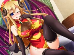 Rule 34 | 1girl, ;p, bare shoulders, black gloves, black thighhighs, blonde hair, blue eyes, blush, breasts, china dress, chinese clothes, cleavage cutout, clothing cutout, cum, cum in mouth, demon girl, demon horns, demon tail, demon wings, dress, dutch angle, elbow gloves, gloves, hairband, heart, horns, lace, lace-trimmed gloves, lace-trimmed legwear, lace trim, large breasts, legs, looking at viewer, militia minpei, no bra, no panties, on bed, one eye closed, original, pelvic curtain, pointy ears, see-through, sitting, solo, suggestive fluid, tail, taut clothes, thighhighs, tongue, tongue out, wings