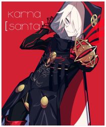 Rule 34 | 1boy, angellyuna, bishounen, black coat, boots, coat, colored skin, cross-laced footwear, crotch plate, eyeshadow, fate/grand order, fate (series), gloves, green eyes, hair over one eye, holding, holding weapon, hood, hood up, karna (fate), karna (santa) (fate), lace-up boots, makeup, male focus, pointing, pointing at viewer, red background, red footwear, red gloves, short hair, smile, solo, thigh boots, thighhighs, tsurime, weapon, white hair, white skin