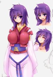 Rule 34 | 1girl, arc the lad, arc the lad ii, blush, breasts, closed mouth, dress, kukuru (arc the lad), large breasts, long hair, long sleeves, looking at viewer, open mouth, purple eyes, purple hair, simple background, sleeves past wrists, smile, solo, tokyo (great akuta), white background