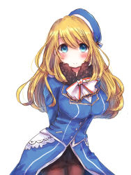 Rule 34 | 10s, 1girl, atago (kancolle), blonde hair, blush, breasts, hand on back, hat, highres, kantai collection, large breasts, long hair, looking at viewer, mochiko (m0chi0103), mochiko (mocchikkoo), pantyhose, ribbon, ribbon trim, smile, solo, uniform, white background