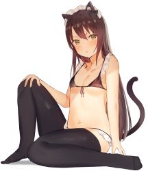 Rule 34 | 1girl, absurdres, animal ears, bare arms, bare shoulders, bikini, black bikini, black bow, black thighhighs, blush, bow, breasts, brown eyes, brown hair, cat ears, cat girl, cat tail, cleavage, collarbone, commentary request, fang, front-tie top, full body, hair between eyes, hair bow, highres, idemitsu, knee up, long hair, looking at viewer, maid, maid headdress, navel, no shoes, original, parted lips, simple background, sitting, small breasts, solo, swimsuit, tail, tail raised, thighhighs, very long hair, white background